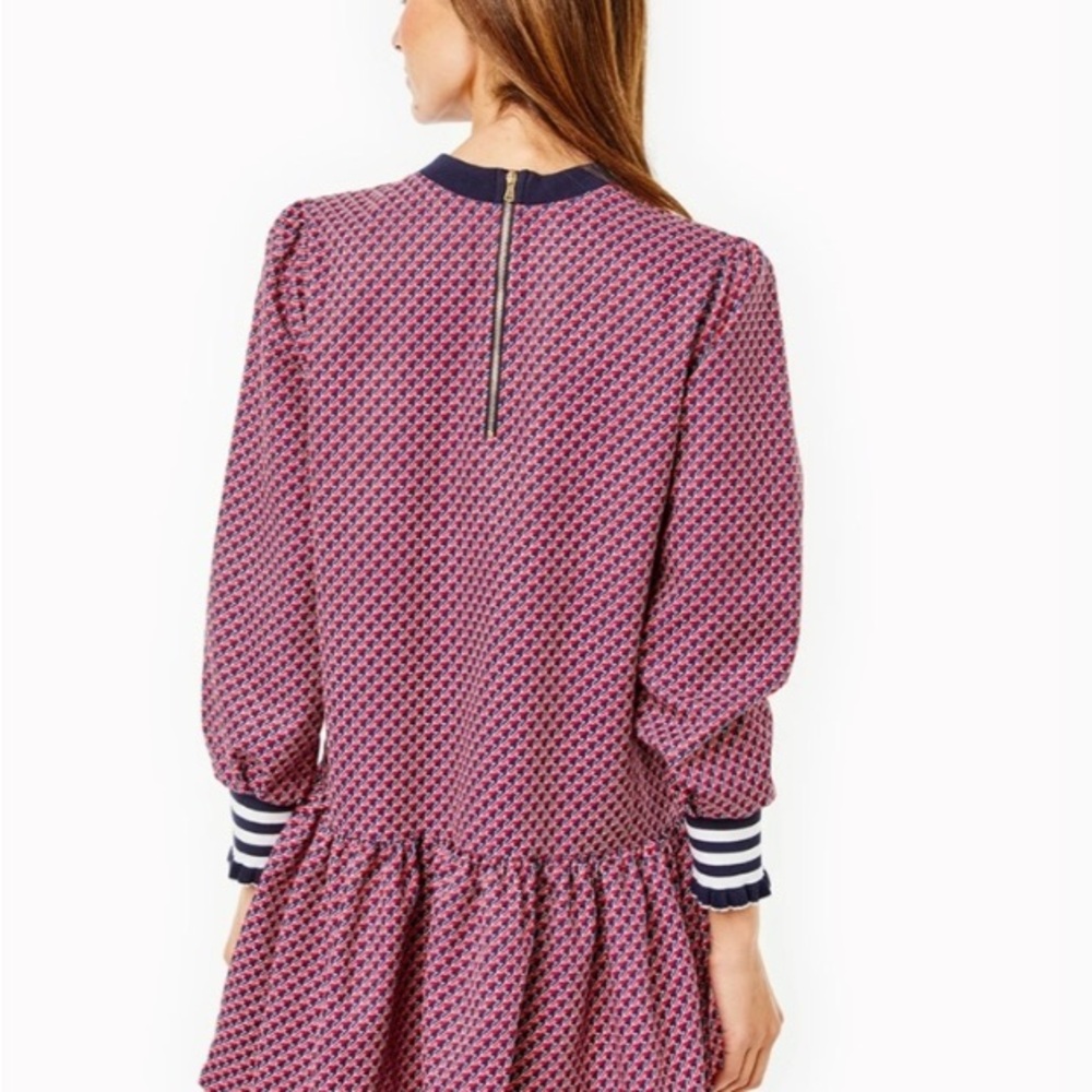 Addison Bay Long Sleeve Ruffle Hem Red White & Blue Patterned Mini Dress - Picture 3 of 11